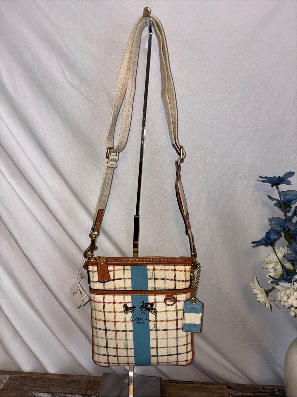 Coach Heritage Tattersall Crossbody with Blue Center Stripe and Tan Trim NWT